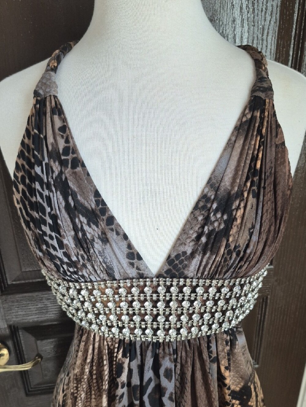 Sky Studded Empire Waist Animal Print Halter Dress in Brown and Tan Nwot - Picture 3 of 7